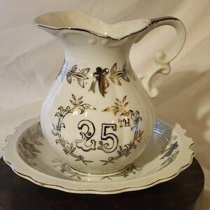 LEFTON CHINA 25TH ANNIVERSARY MED SIZED HANDPAINTED PITCHER & BOWL SET